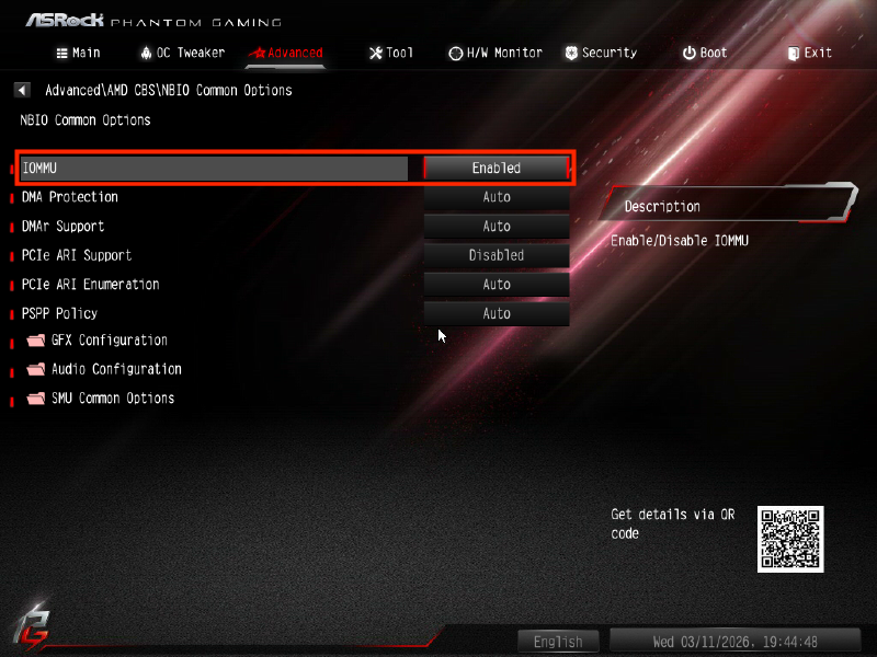 As Rock - B550M Phantom Gaming 4 - Bios > advanced > amd cms > nbio common options > iommu
