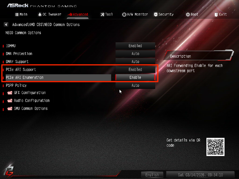 As Rock - B550M Phantom Gaming 4 - Bios > advanced > amd cms > nbio common options > pcie ari support